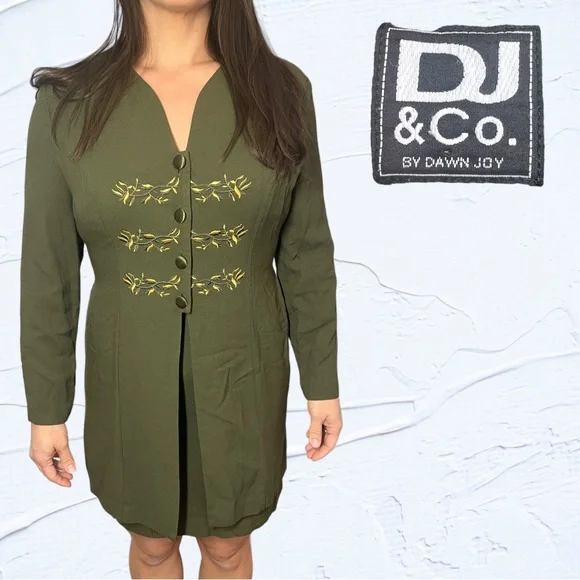 DJ&Co. by Dawn Joy | Dresses | 9s Olive Green Gold Embroidered Dress With  Attached Button Up Jacket Vtg Sz 2 | Poshmark